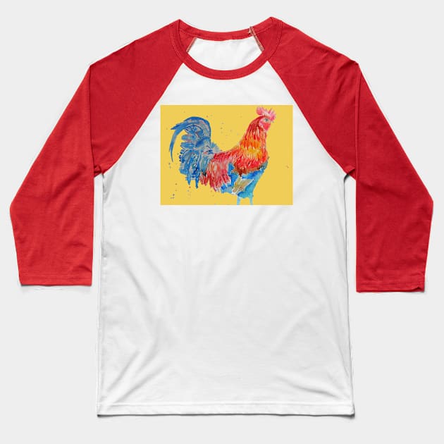 Rooster Chicken Watercolor Painting on Yellow Baseball T-Shirt by SarahRajkotwala